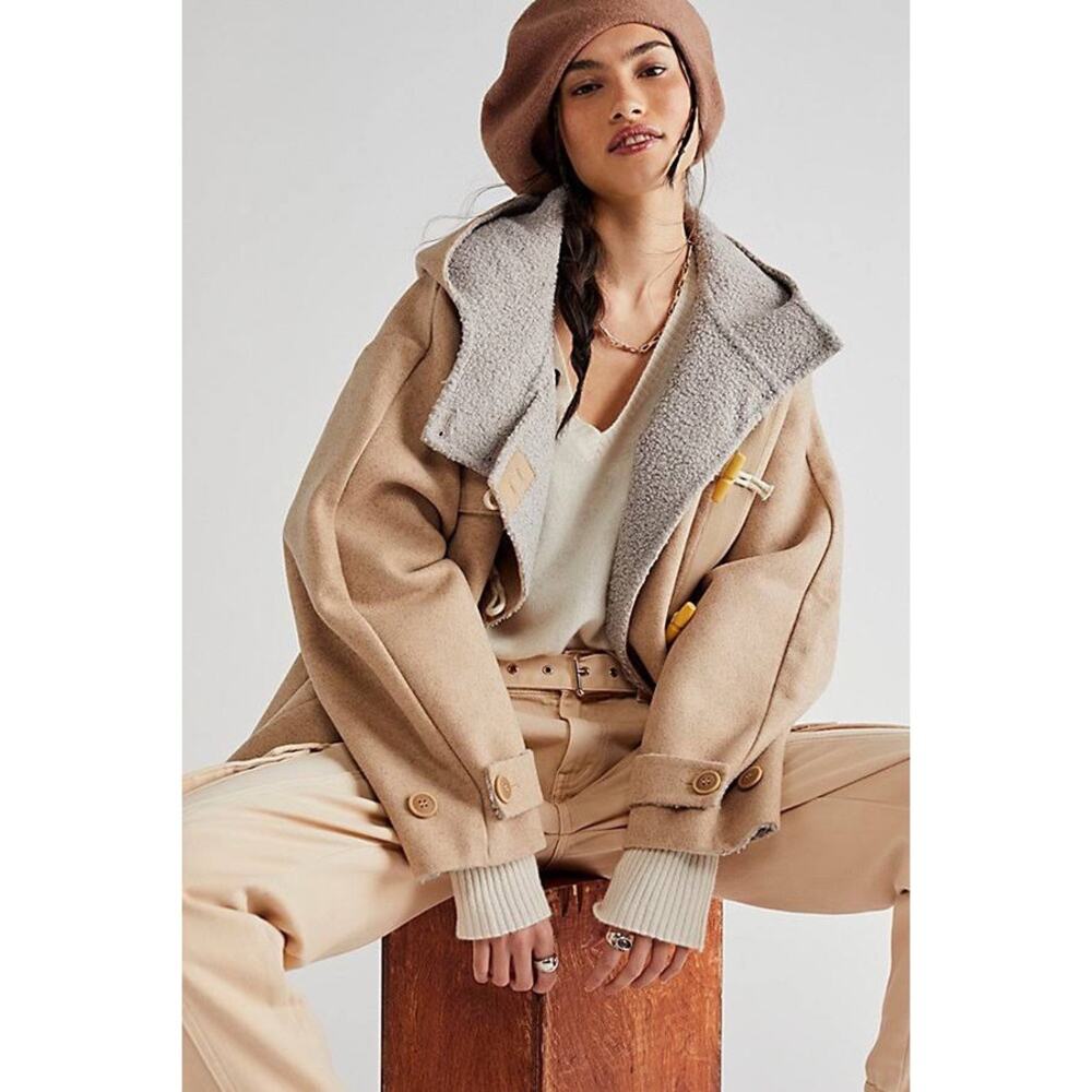 FP We The Free Womens Boho Slouchy‎ Hooded Duffle Toggle Jacket Tan Size XS